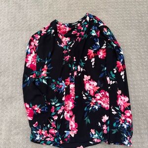 Express Black V-Neck Blouse with Pink Floral Design